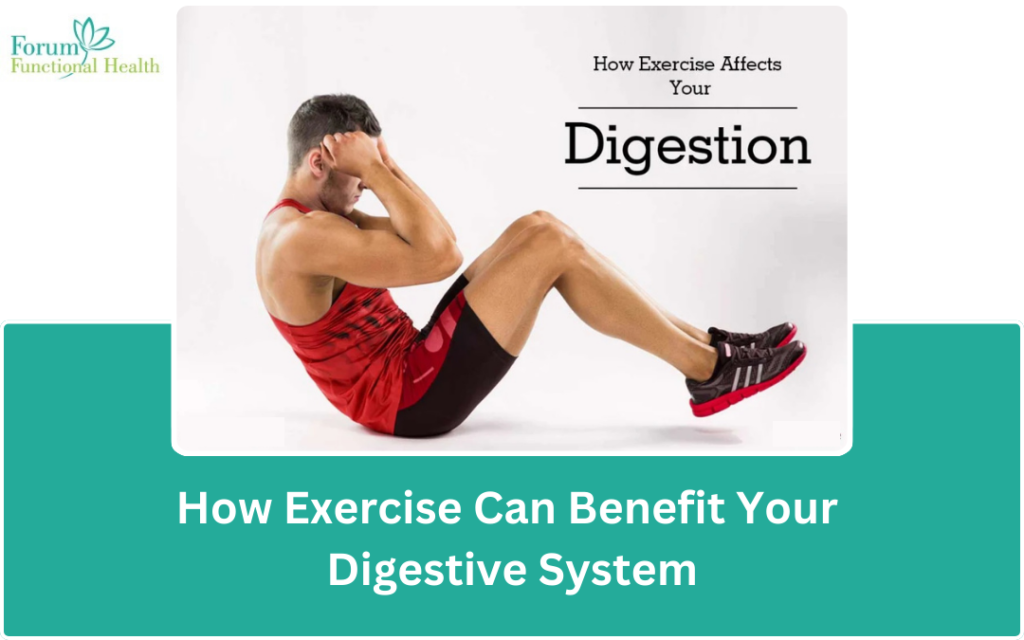 Illustration of a person exercising with arrows pointing towards the digestive system