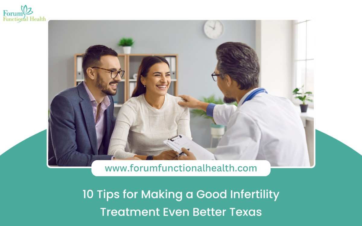 A hopeful couple consulting with a fertility specialist in Texas, surrounded by medical icons symbolizing advanced IVF, nutrition, and emotional support.