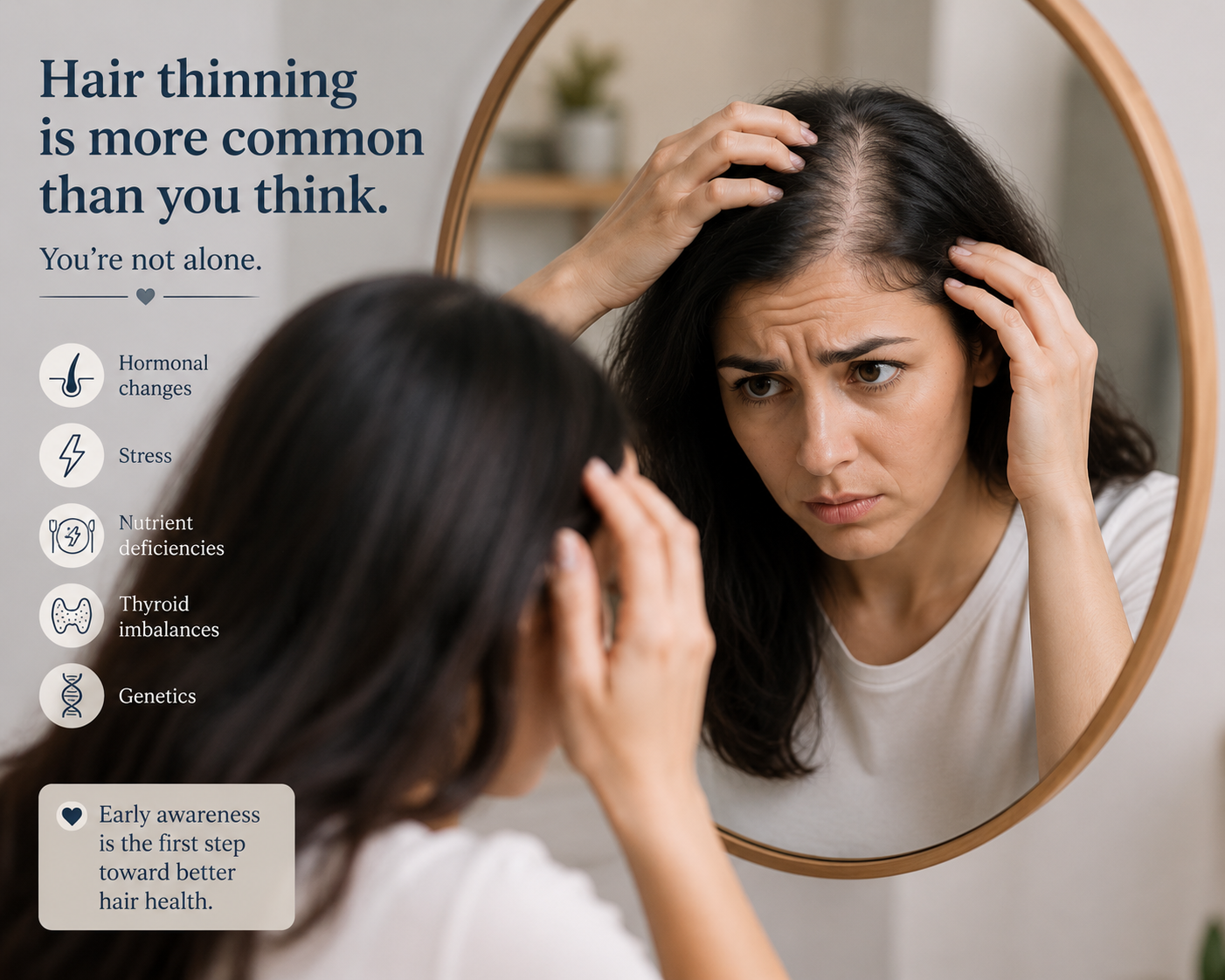 Woman concerned about thyroid hair loss and thinning hair symptoms