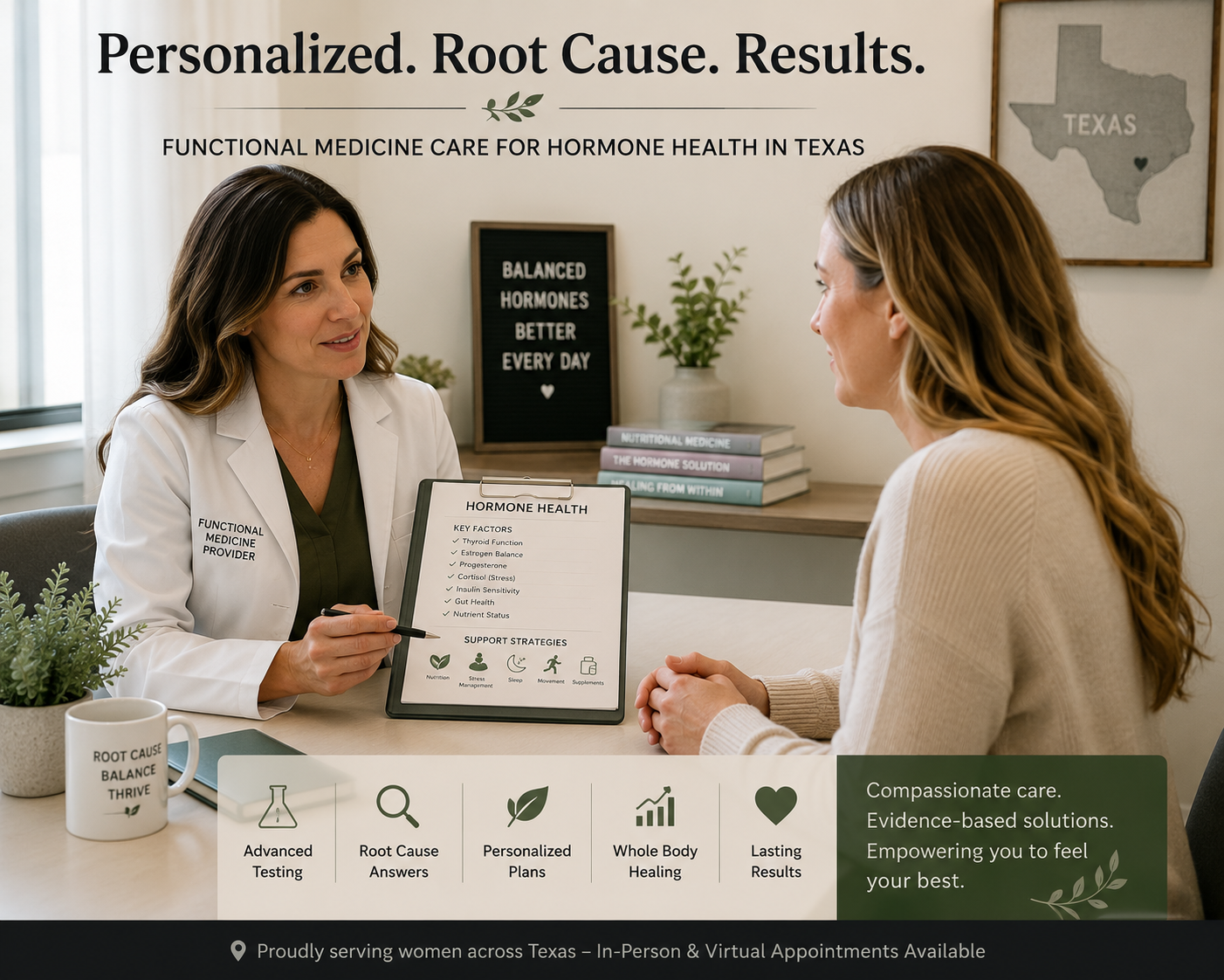 Functional medicine provider discussing hormone health with female patient in Texas