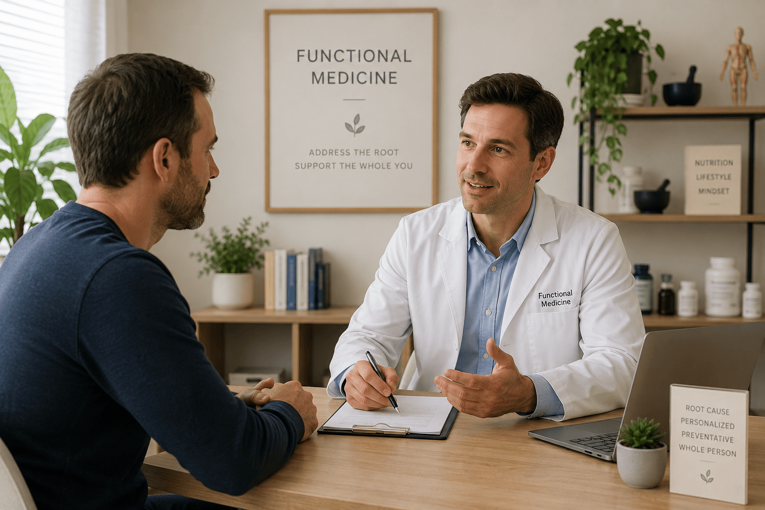 Functional medicine doctor discussing hormone health with male patient in Mckinney, Texas