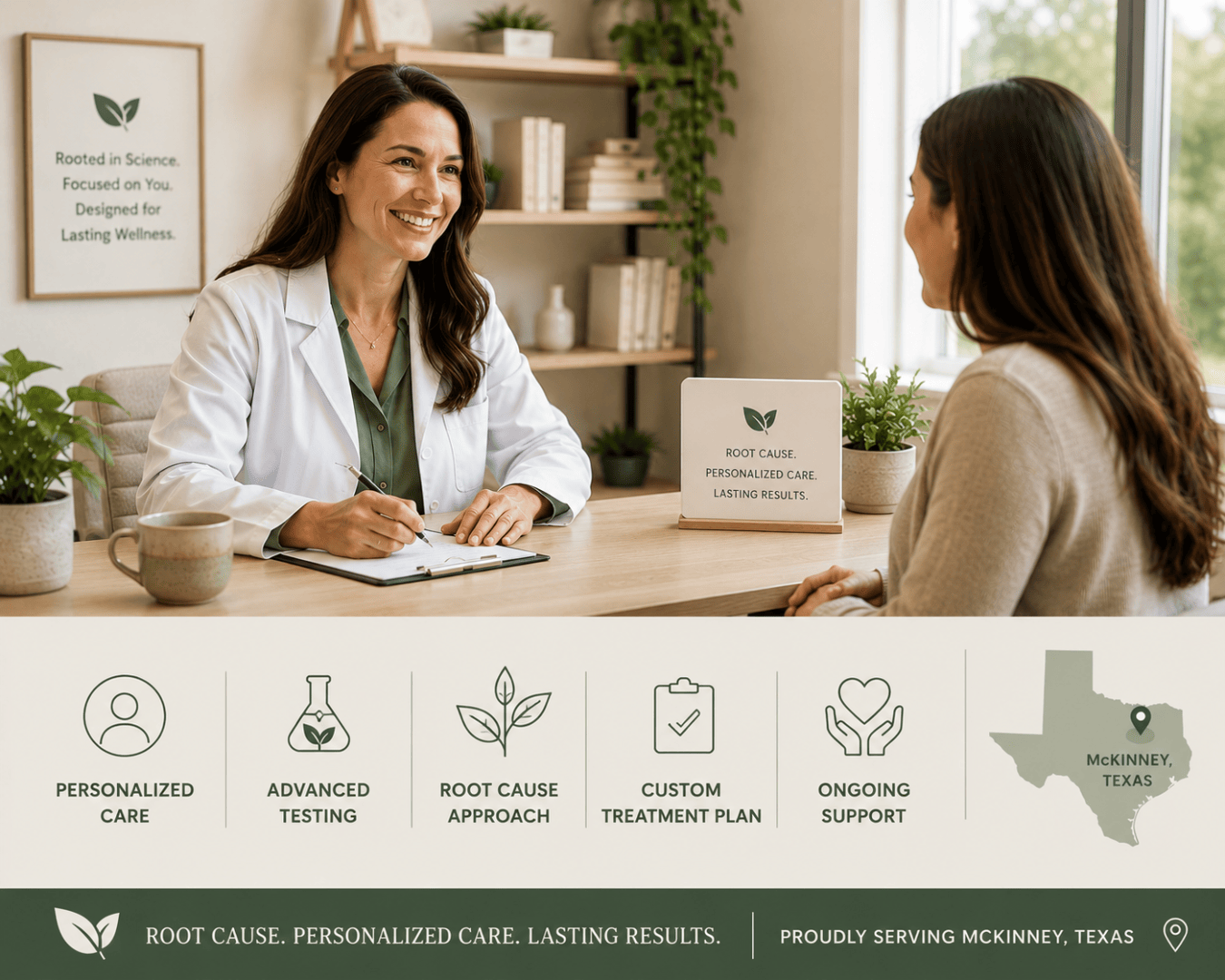 Functional medicine doctor consulting patient about blood sugar imbalance in Texas