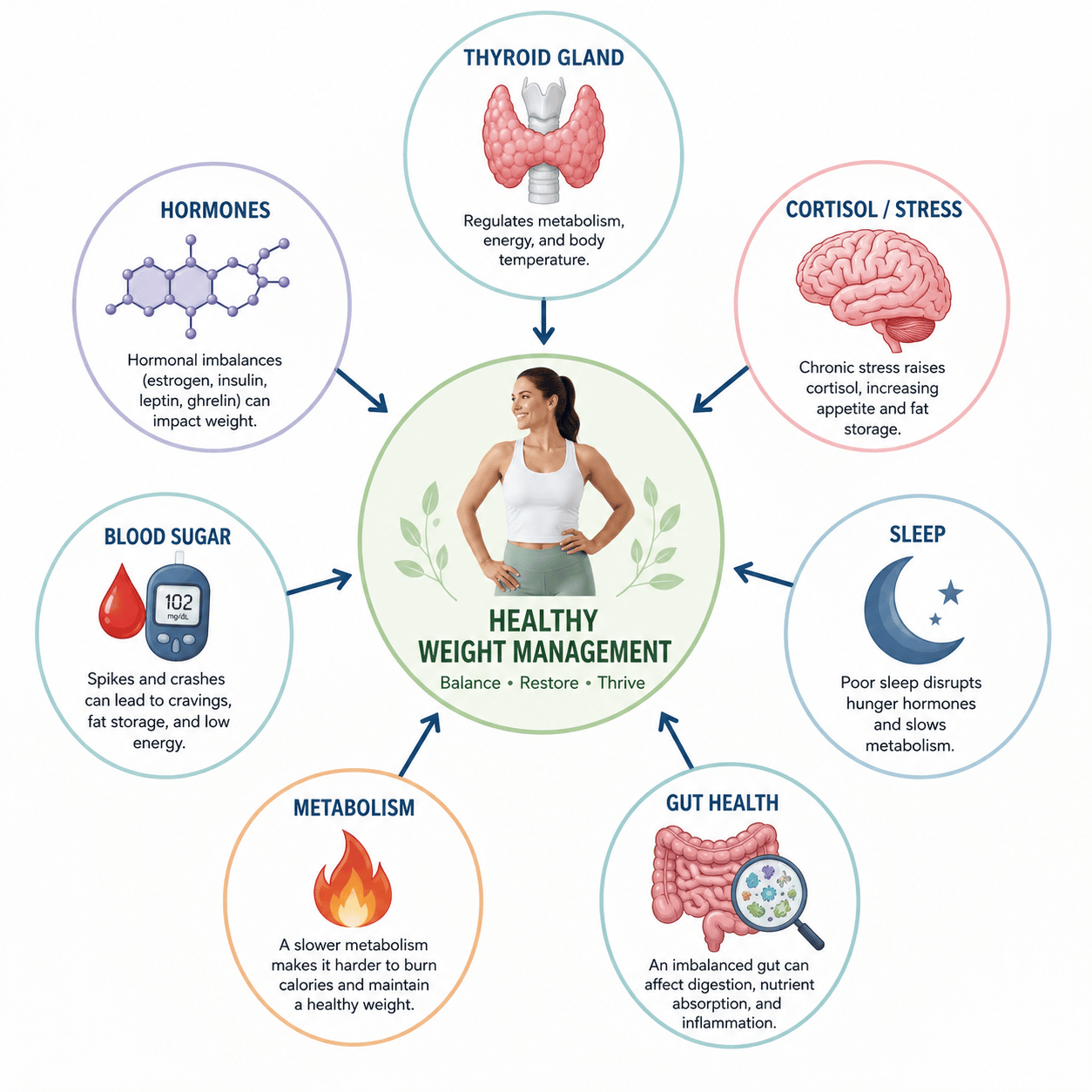 Illustration showing thyroid hormones cortisol metabolism and weight gain factors affecting overall health