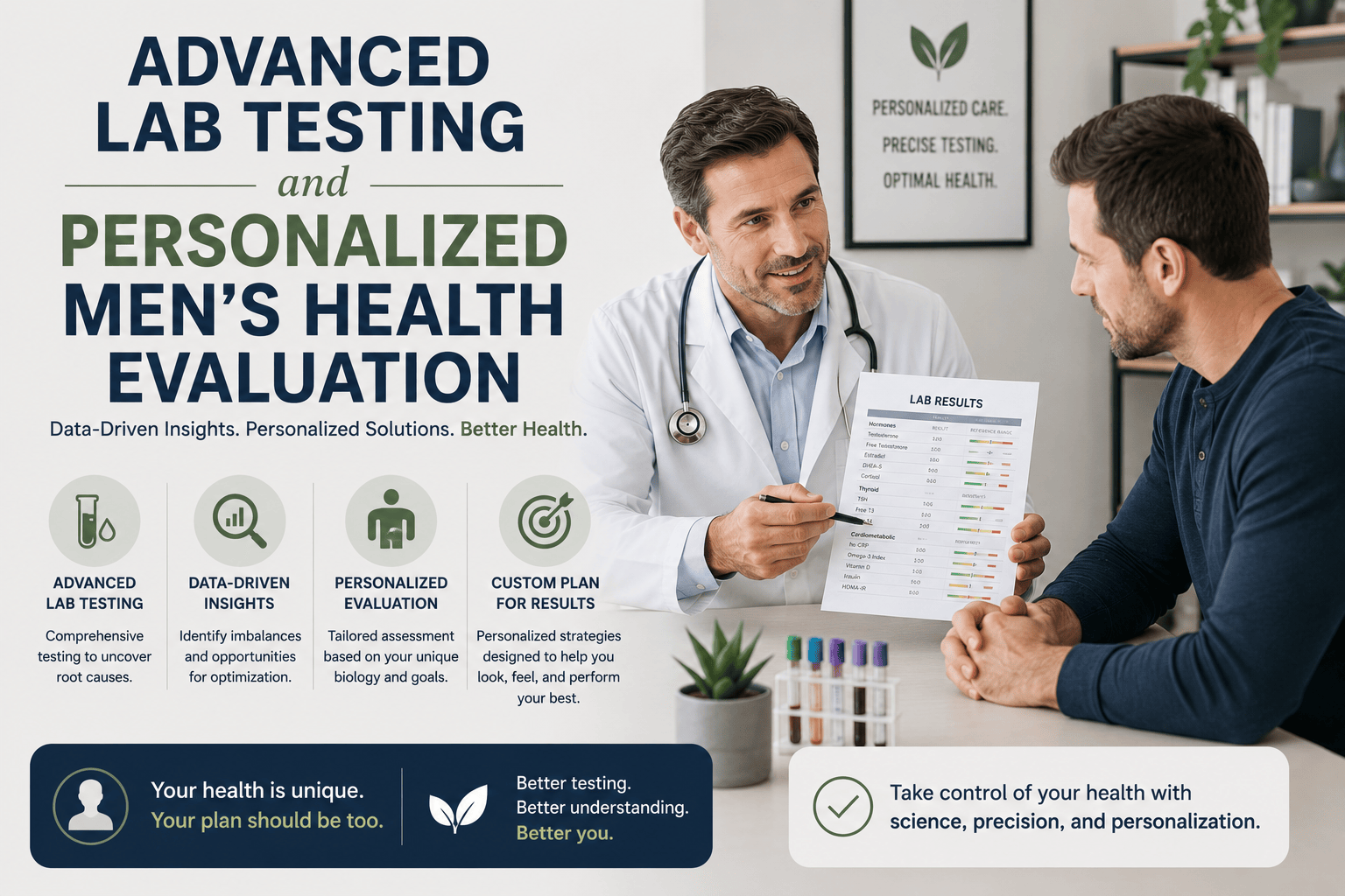 Healthcare practitioner reviewing hormone and wellness lab results for erectile dysfunction assessment