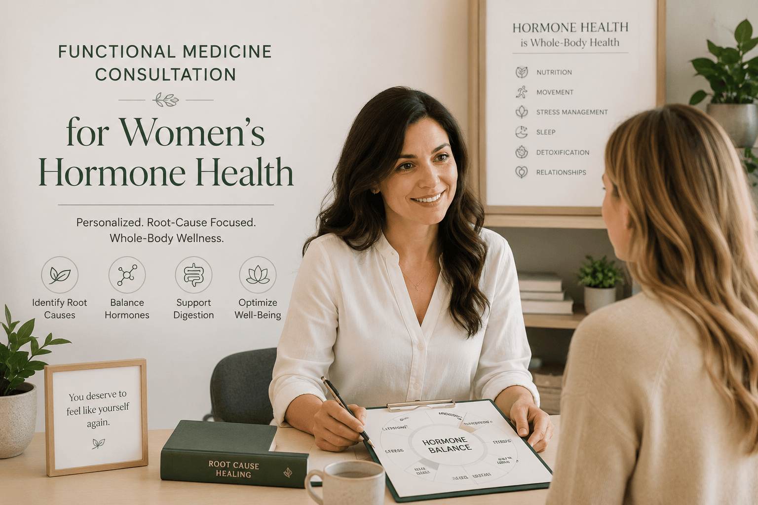 Functional medicine practitioner discussing hormone imbalance symptoms with young woman in McKinney Texas