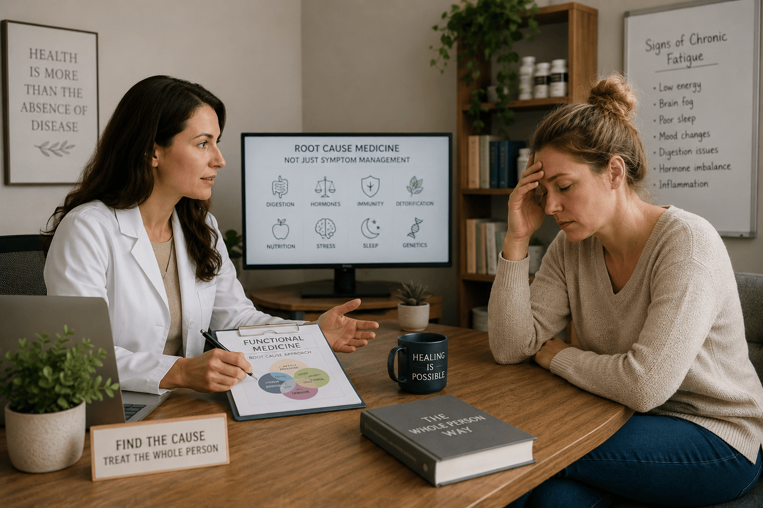 Functional medicine doctor discussing chronic fatigue symptoms with patient in McKinney Texas