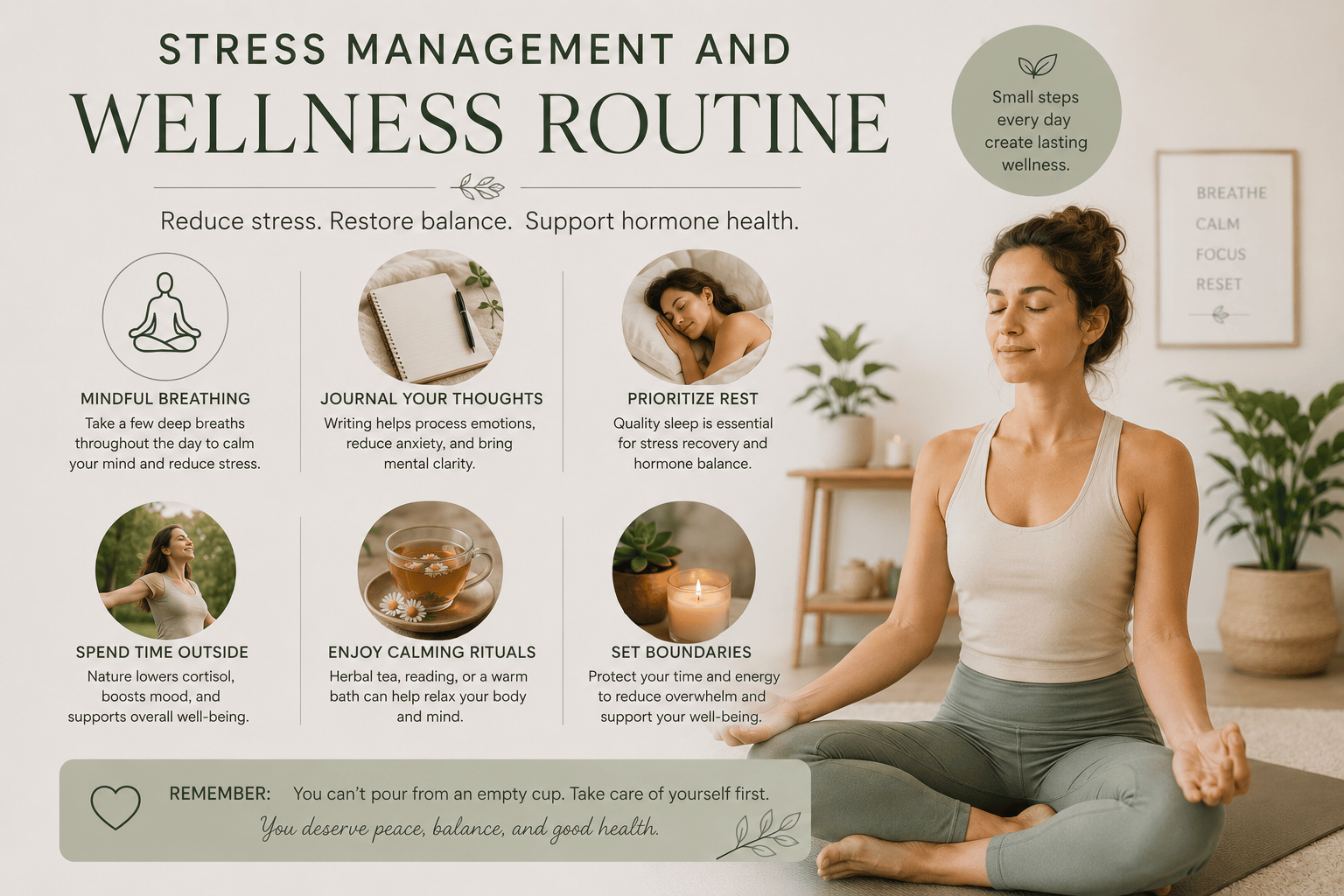 Woman practicing mindfulness and relaxation techniques to support cortisol and estrogen balance