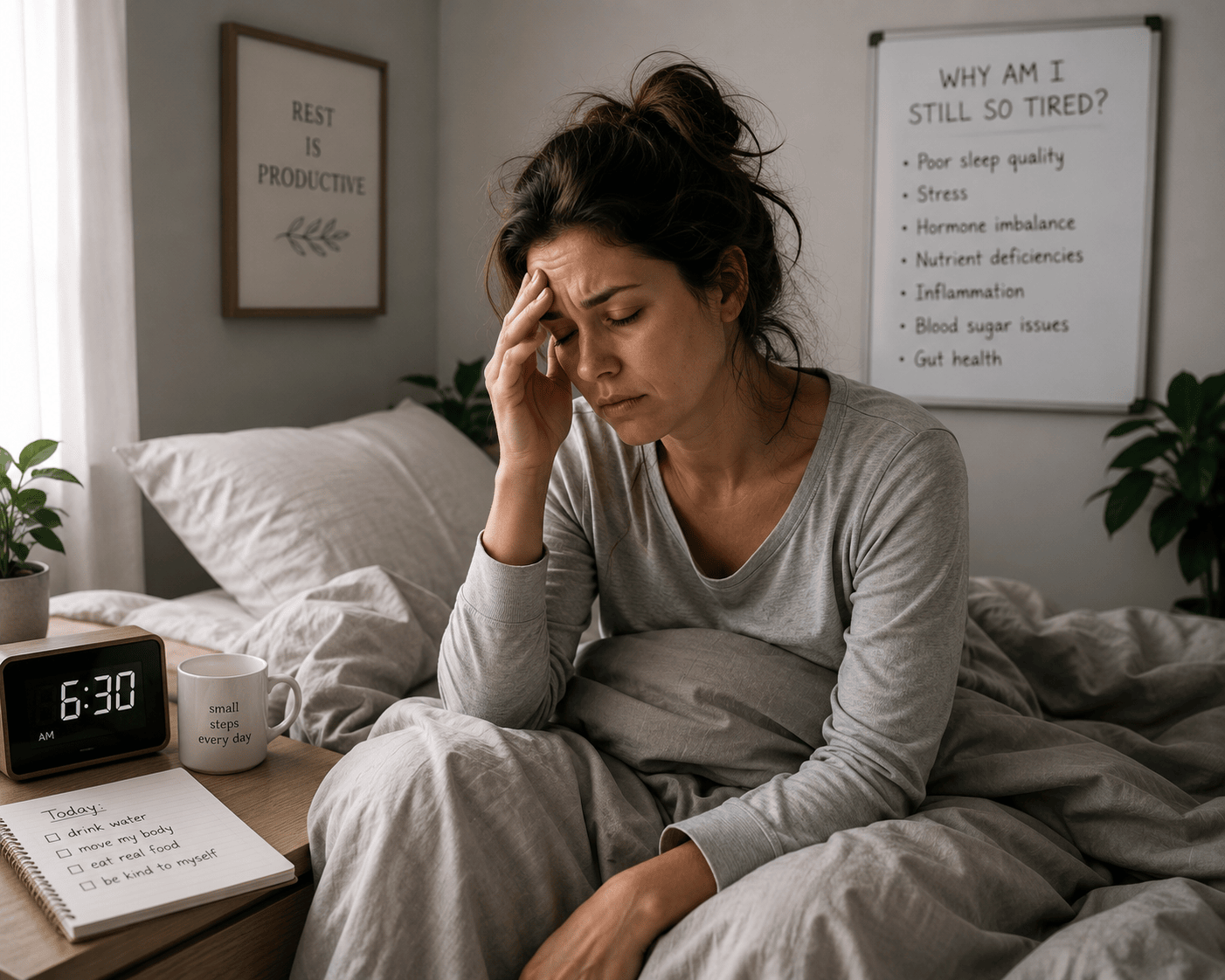 Woman experiencing fatigue after 8 hours sleep at home